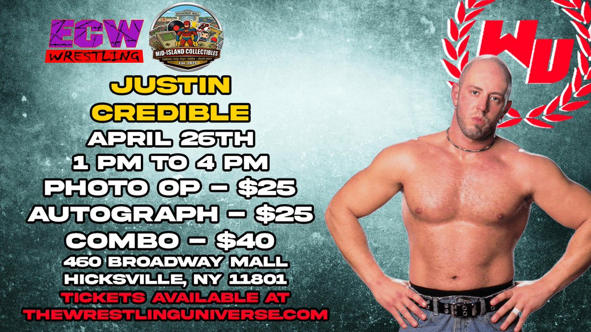 TheWrestlingUni's tweet photo. Former ECW World Champion JUSTIN CREDIBLE has been Added to ECW Day on April 26th from 1-4pm Mid-Island Collectibles at The Broadway Mall in Hicksville, Long Island
Tickets are on sale Now at https://t.co/8FMIM3Z99M
#ECW #ecwday #justincredible #wrestling #signing https://t.co/xyGtBbmE9h