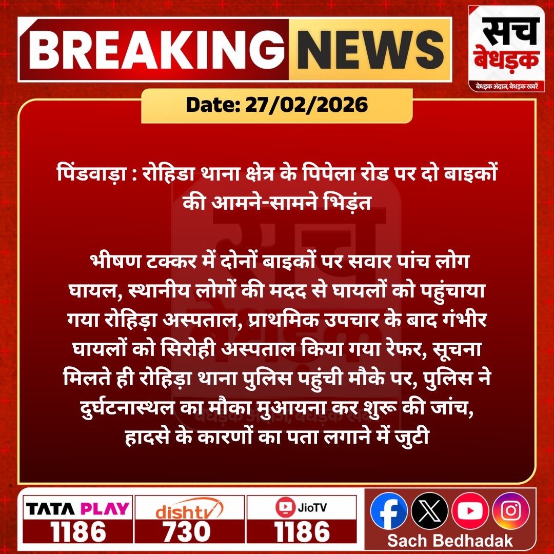 SachBedhadak's tweet photo. #सिरोही #पिंडवाड़ा : रोहिडा थाना क्षेत्र के पिपेला रोड पर दो बाइकों की आमने-सामने भिड़ंत...

@SirohiPolice #SachBedhadak #RajasthanNews #News #LatestNews #SBNews https://t.co/3QvdOeXyrp