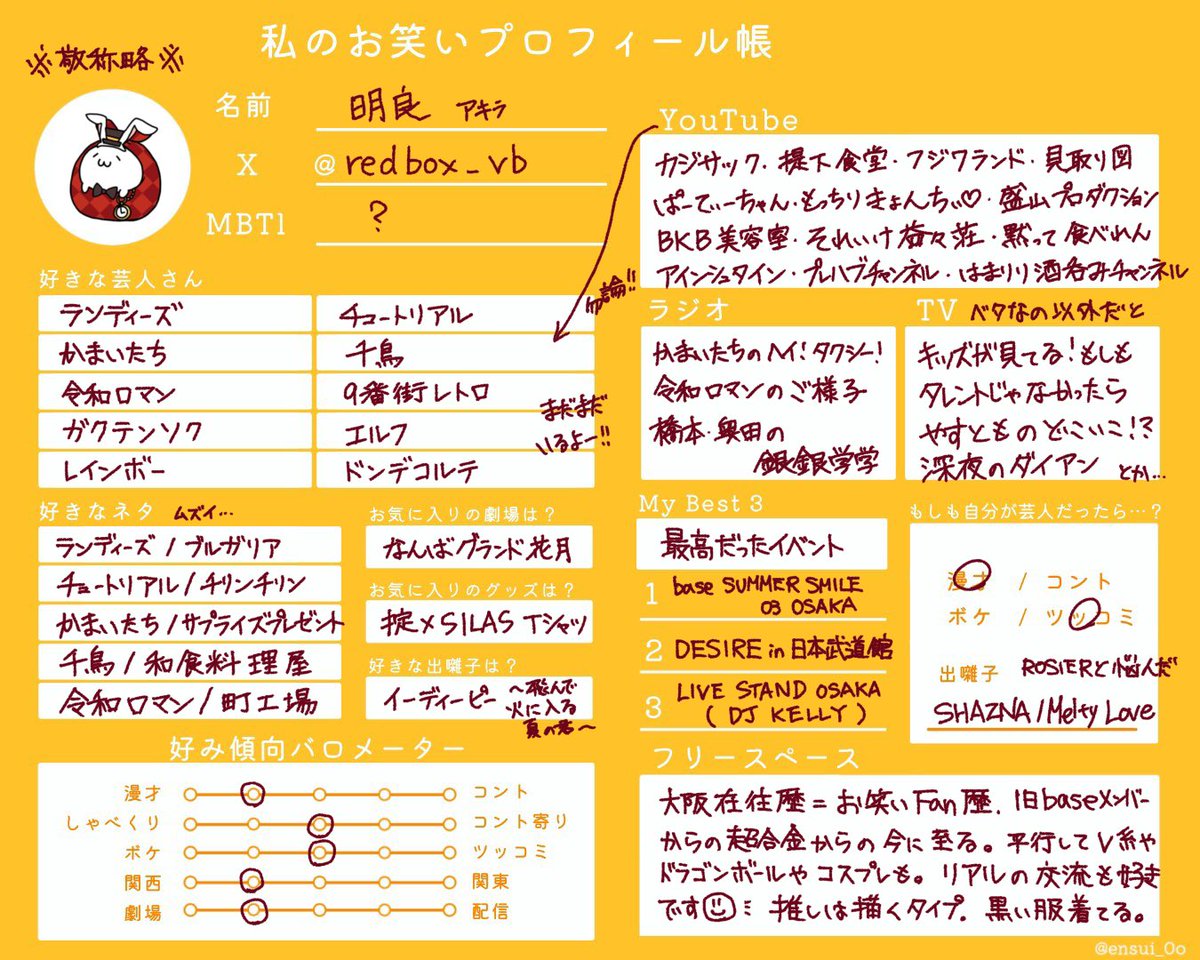 ご機嫌よう(OvO) テンプレお借りしました ※YouTubeは好きな芸人さんは