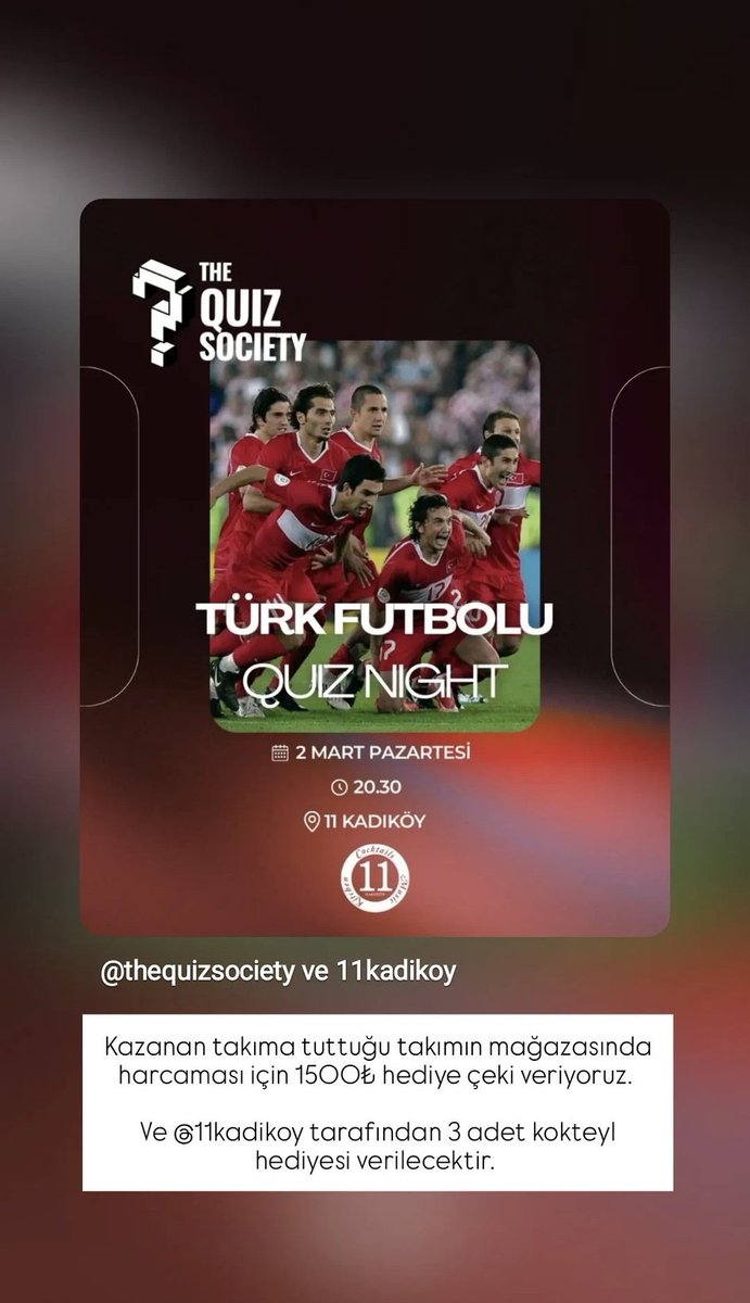 Arkadaşlar selamlar 👋🏻

Türk Futbolu ve Süper Ligin özel anlarını hatırlayacağımız bir Quiz Night yarışması düzenliyorum.

Kazanana 3 adet kokteyl ve 1500₺ hediye çeki verilecektir. 🔥🔥

Katılım için yazabilirsiniz, takiplerini bekliyorum :)

instagram.com/p/DVMWvs3iNwJ/…