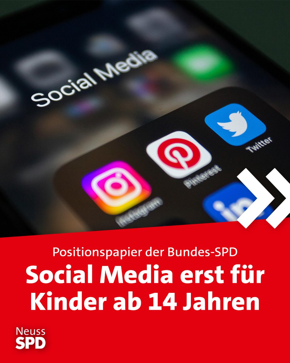 spdneuss's tweet photo. In einem Positionspapier fordert die Bundes-SPD ein Verbot der Plattformen von Facebook, Instagram, Tik Tok &amp; Co. 🤳 für Kinder unter 14 Jahren 🧒. Wir unterstützen diesen Vorstoß 💪. Mehr zum Thema findest Du hier ℹ️: https://t.co/32OPJtl9uG https://t.co/AZ7A384Mbt