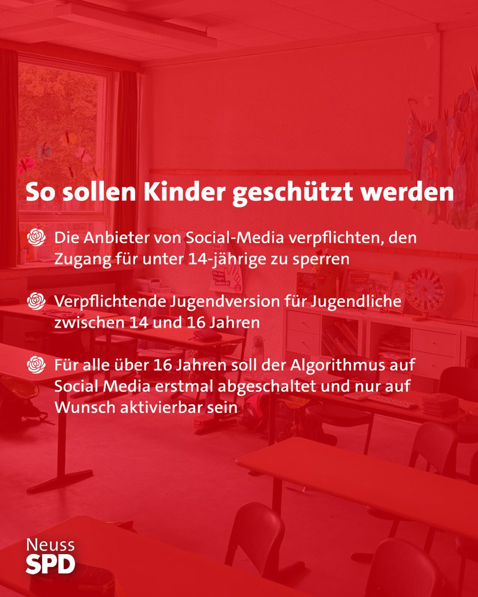 In einem Positionspapier fordert die Bundes-SPD ein Verbot der Plattformen von Facebook, Instagram, Tik Tok &amp; Co. 🤳 für Kinder unter 14 Jahren 🧒. Wir unterstützen diesen Vorstoß 💪. Mehr zum Thema findest Du hier ℹ️: spd-neuss.de/2026/02/27/soc…