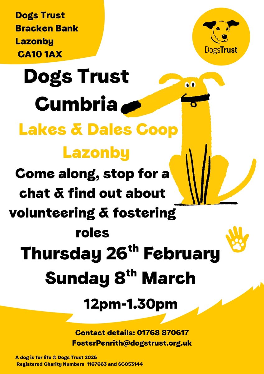 DT_Cumbria's tweet photo. Sunday 8th March - we will be outside Lakes and Dales Coop Lazonby. We are recruiting volunteers for our new roles! come say hello and find out more 
#dogstrustcumbria #dogs #cumbria #volunteer https://t.co/ZMlEy2JE4O