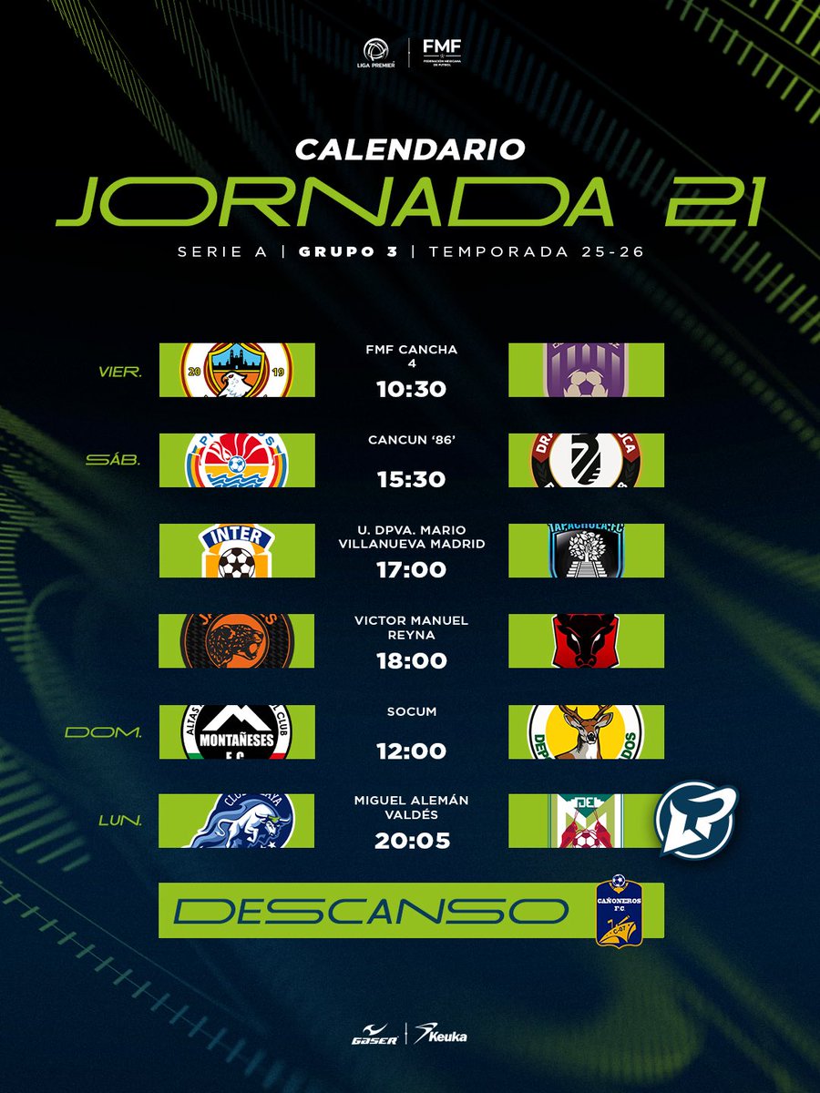 ⚽📅 ¡El calendario de la jornada ya está aquí!

Todo listo para vivir otro fin de semana de buen fútbol en la LIGA PREMIER🔥

Revisa horarios, sedes y prepárate para no perderte ningún partido.

#LigaPremierFMF
#ElFutbolEsHonesto
#ElFutbolEsVerdadero