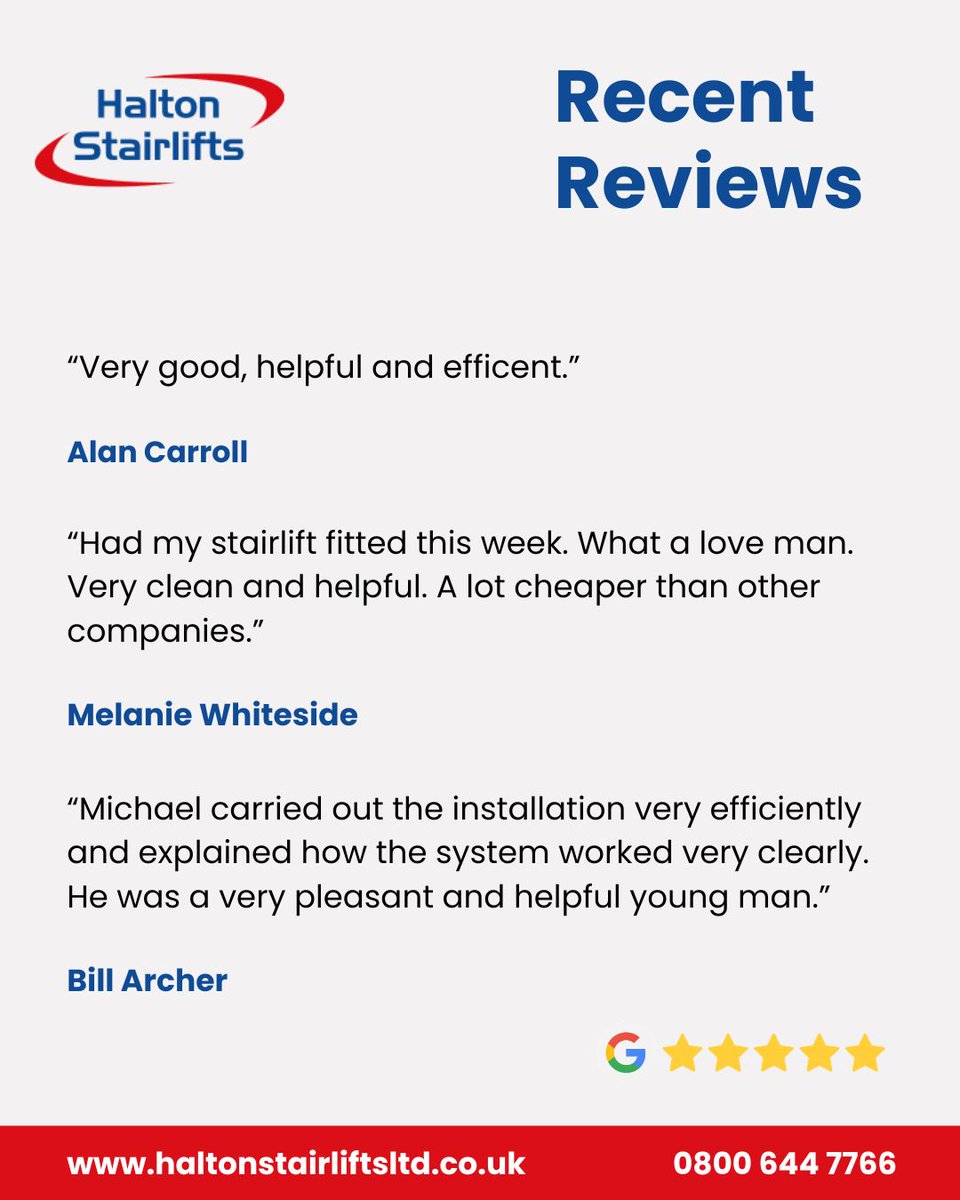 Haltonlifts's tweet photo. Ending the week with some great reviews οΏ½οΏ½οΏ½ π
Thank you to our recent customers for the wonderful feedback! βοΈ
To experience our top-quality service for yourself, contact us today βοΈ
#StairliftInstallation #StairliftExperts #StairliftSpecialists https://t.co/tEnQGdGXuZ
