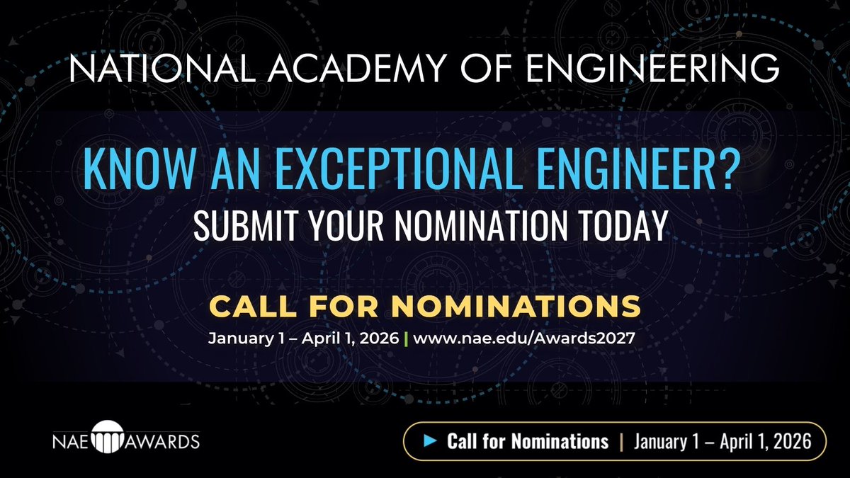 NAE_Awards's tweet photo. The NAE Awards honor top minds in #engineering &amp; #innovation. 

Nominate for:
2026 Simon Ramo, Bueche, Hunsaker Awards
2027 Fritz/Russ &amp; Gordon Prizes. 
Submit today: https://t.co/8f5UNy428A 

#NAEAwards #Leadership #Innovation https://t.co/XCOXfHj4To