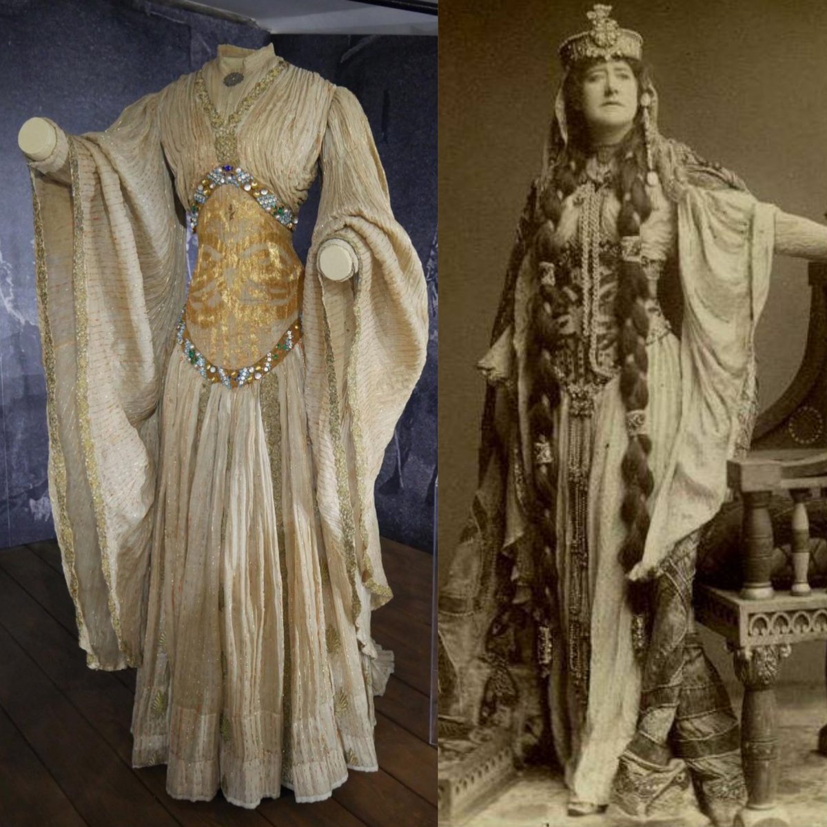 Actress Dame Ellen Terry was born #OnThisDay in 1847. She wore this Alice Comyns-Carr designed 'Banqueting dress', made from lightweight cotton muslin shot through with gold thread, as Lady Macbeth in the 1888 production of Macbeth. <a href="/SmallhytheNT/">Smallhythe Place</a> collection. #theatre #costume