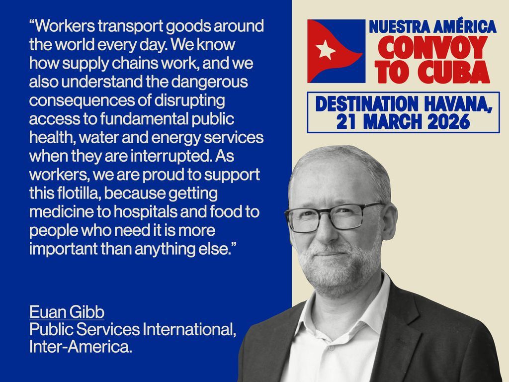 ProgIntl's tweet photo. Euan Gibb (@PSIglobalunion) is backing the Nuestra América Convoy to Cuba. 

Join us in Havana on 21 March: https://t.co/b9PORPVDUO https://t.co/Q0fQyz3rTj