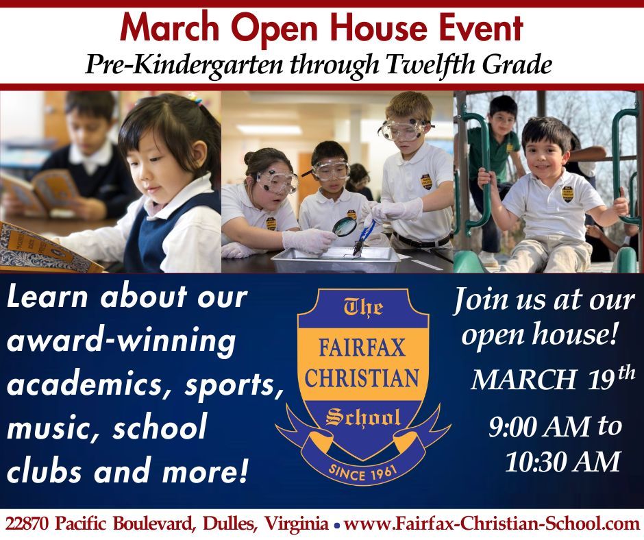 studyfcs's tweet photo. March Open House Event—Thursday, March 19, from 9:00 AM to 10:30 AM. Come see why the Fairfax Christian School continues to be a top-ranked school! https://t.co/ApNmHPS22n