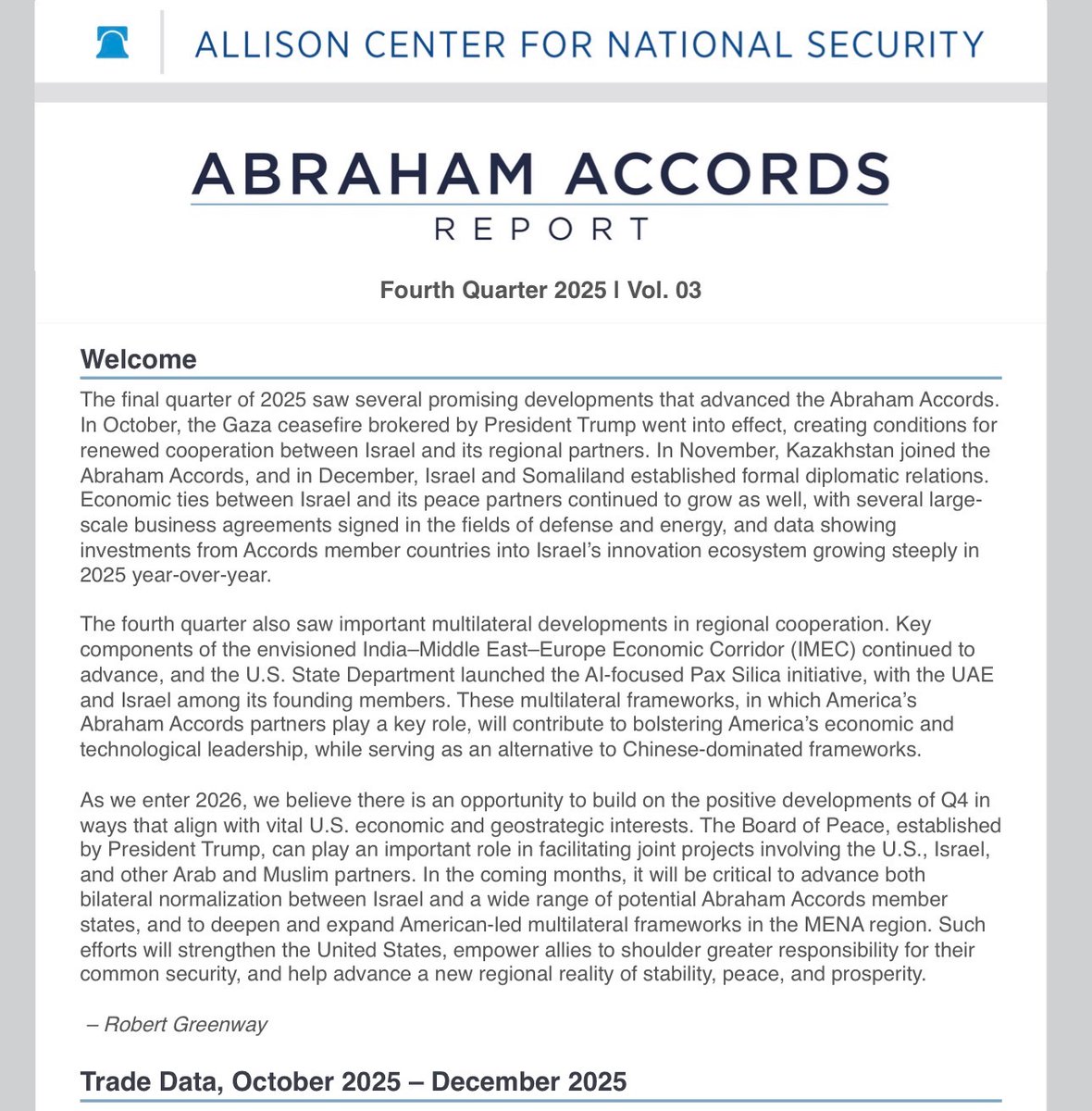 Abraham Accords Update!

The Allison Center for National Security released its Abraham Accords Quarterly Report.

Q4 of 2025 saw several exciting developments that advanced the Abraham Accords, under the leadership of President <a href="/realDonaldTrump/">Donald J. Trump</a>:

👉 Kazakhstan joined the Accords