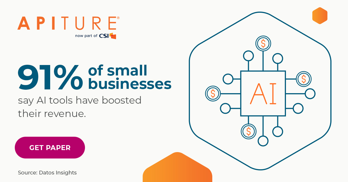 apiture's tweet photo. Small businesses are using AI-powered banking tools to automate tasks, streamline operations, and make smarter decisions faster—driving efficiency, lowering costs, and boosting revenue. Get insights here. https://t.co/uL7Zay2O5T https://t.co/NSEogKrdeX