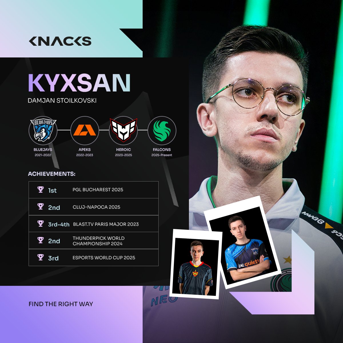 KnacksPro's tweet photo. The story of @kyxsancs!

It all started on October 25, 2022, when Damjan "kyxsan" Stoilkovski officially joined Knacks family while still competing for BLUEJAYS. Even then, we saw a leader who wasn't just playing the game but masterminding it, and we knew that with the right support system, his potential would be limitless.

The journey that followed was a whirlwind of success that saw him rise through the ranks of Apeks, Heroic, and now Falcons. Under our management, Damjan reached milestones that most only dream of, most notably leading Apeks to a historic top-four finish at the BLASTtv Paris Major 2023 and 2nd place at Thunderpick World Championship 2024 with Heroic. These weren't just wins on a screen; they were the result of a player being able to focus 100% on his performance while we handled the complexities of his professional career and high-profile transfers.

Kyxsan's leadership at Falcons reached a definitive milestone with the PGL Bucharest 2025 trophy lift where the team dominated the grand final to claim the championship. This victory combined with a relentless string of second-place finishes at elite events like PGL Cluj-Napoca and BLAST Rivals proves he has built a roster capable of winning the most important trophies in the world. Even into 2026 his squad continues to contend at the highest level with a runner-up finish at BLAST Bounty Winter.

Through our partnership, we have seen him transform from a regional talent into one of the most respected IGLs in the world, consistently holding his ground in the top tiers of the HLTV rankings. His path is the best proof that when you put your relentless work ethic, skills, and full commitment into your dream, along with the right support, there are no limits that cannot be overcome. We are proud to work with Damjan and to continue supporting him as he writes new chapters with Falcons. Looking at the journey of Kyxsan, his story shows that you can achieve everything if you stay dedicated to your passion!