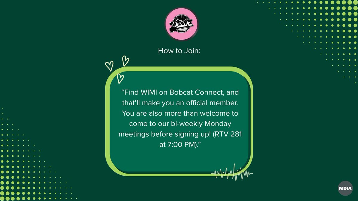 OU_MDIA's tweet photo. Student Org Spotlight: Women in the Music Industry ✨

Interested in joining this student organization? Check out WIMI on Bobcat Connect and Instagram to learn more. https://t.co/a3rMWYEawT