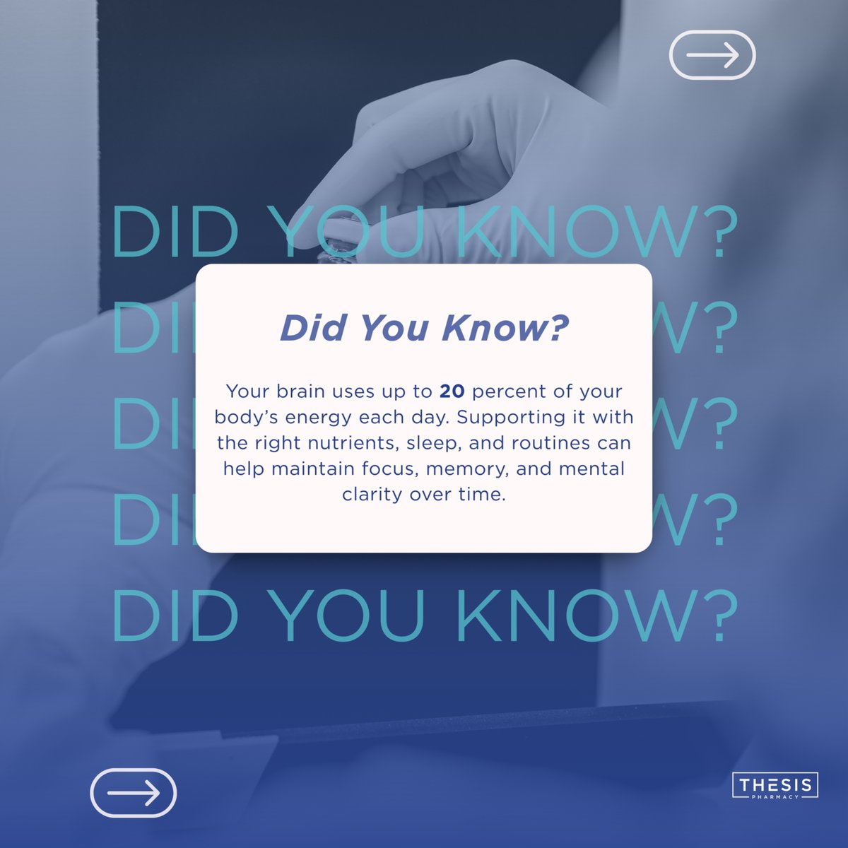 ThesisPharmacy's tweet photo. The brain is one of the most energy-demanding organs in the body. Supporting it with proper fuel, rest, and targeted nutrients can help sustain mental endurance and cognitive efficiency. https://t.co/gqPWA53AvH