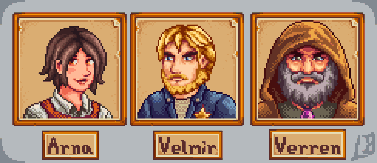 LegendaryBready's tweet photo. Stoneshard Valley - first batch.  
Arna, Velmir and Verren join the Valley.  So, who gets the wild horseradish?🥸 

#Pixelart #ドット絵 #Fanart https://t.co/Q1Q0CIH63j