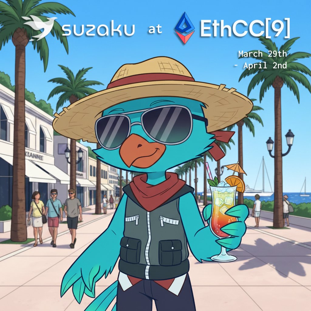 SuzakuNetwork's tweet photo. We're pleased to share that the Suzaku team will be at EthCC[9] in Cannes 🇫🇷 from March 29th to April 2nd 🍹

If you'll be around and want to meet there, let us know! https://t.co/022gJy2OXa