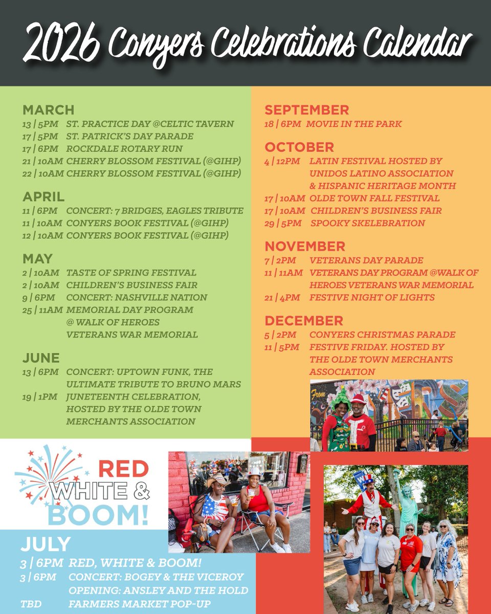 OldeTownConyers's tweet photo. 📅 What are you most excited for this year in Olde Town Conyers?
Our full 2026 event calendar is LIVE — start saving those dates! From festivals and markets to concerts and community favorites, see what’s coming up and make your plans!

#OldeTownConyers #ConyersGA https://t.co/LxMHVwhyEk