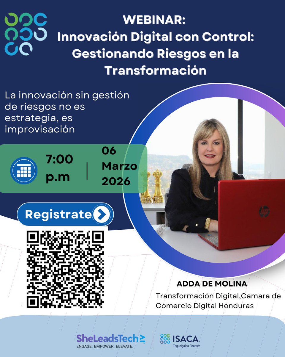 🚨 Este viernes 06 de marzo a las 7:00 p.m., te invitamos al webinar: “Innovación Digital con Control: Gestionando Riesgos en la Transformación”

🎙️ Invitada especial: Adda de Molina 

🔗 Regístrate aquí y asegura tu cupo:
events.teams.microsoft.com/event/ba6ad2b5…
