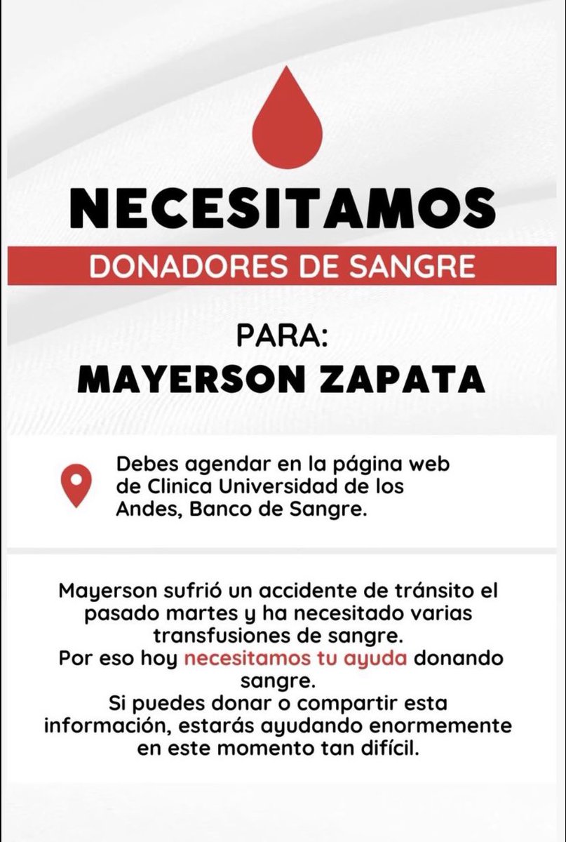 🚨— Se necesitan donadores de sangre en la Clínica Universidad de los Andes.  Si no puedes donar, por favor ayúdanos a difundir. La prioridad es su recuperación, se los agradeceríamos como comunidad de Fran Maira.