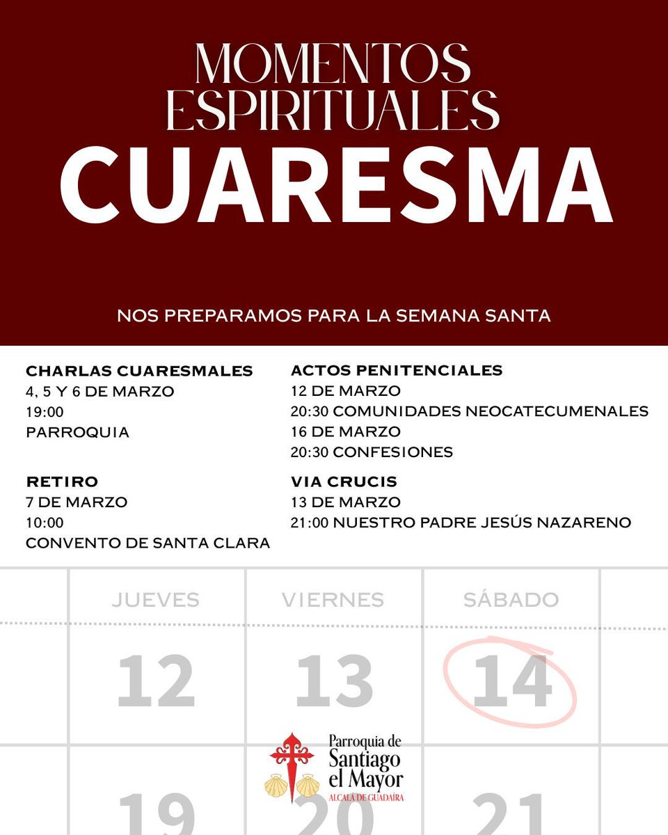 psantiagoalcala's tweet image. 𝐌𝐨𝐦𝐞𝐧𝐭𝐨𝐬 𝐞𝐬𝐩𝐢𝐫𝐢𝐭𝐮𝐚𝐥𝐞𝐬 𝐝𝐞 𝐂𝐮𝐚𝐫𝐞𝐬𝐦𝐚 |  La Parroquia se prepara para la Semana Santa con diferentes actos y cultos, te dejamos un pequeño calendario con todas las fechas de interés.