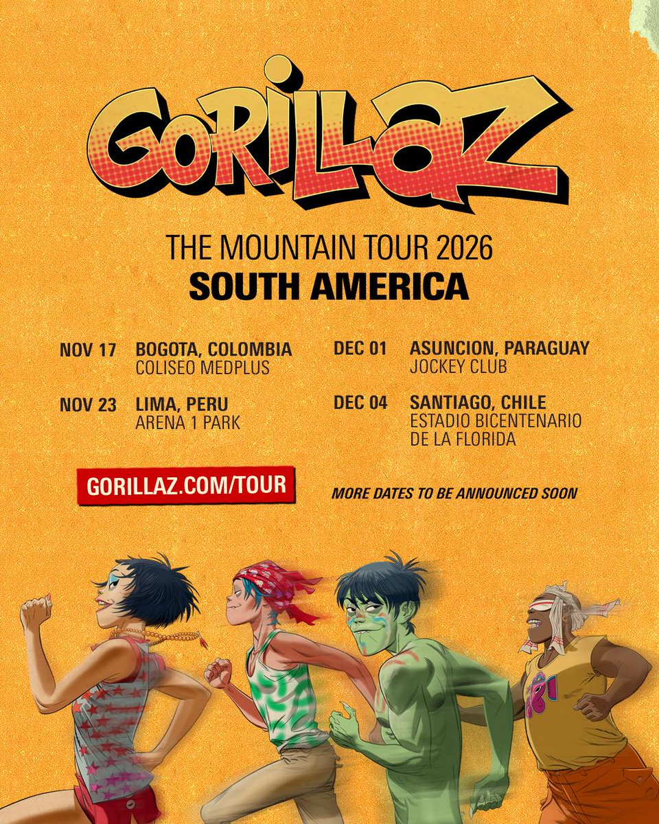 Gorillaz anunció su gira latinoamericana, incluyendo Colombia, Perú, Paraguay y Chile

Argentina no es parte del tour

"Mas fechas serán anunciadas pronto"