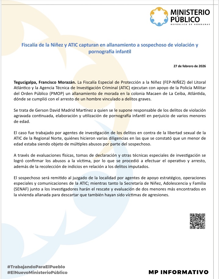 MP_Honduras's tweet image. Fiscalía de la Niñez y #ATIC capturan en allanamiento a sospechoso de violación y pornografía infantil mp.hn/publicaciones/…
