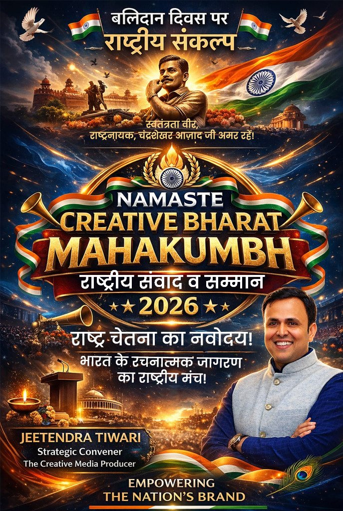 jeetandratiwari's tweet photo. अमर स्वतंत्रता वीर राष्ट्रनायक चंद्रशेखर आज़ाद जी के बलिदान दिवस पर कोटि-कोटि नमन। 🇮🇳
उनकी प्रेरणा से आज हम घोषणा करते हैं —
#NamasteCreativeBharatMahakumbh, 02 – राष्ट्रीय संवाद एवं सम्मान 2026
यह भारत की सांस्कृतिक ���ेतना और रचनात्मक नेतृत्व का राष्ट्रीय मंच होगा।
वंदे मातरम्। https://t.co/Wlt6tAtyZL