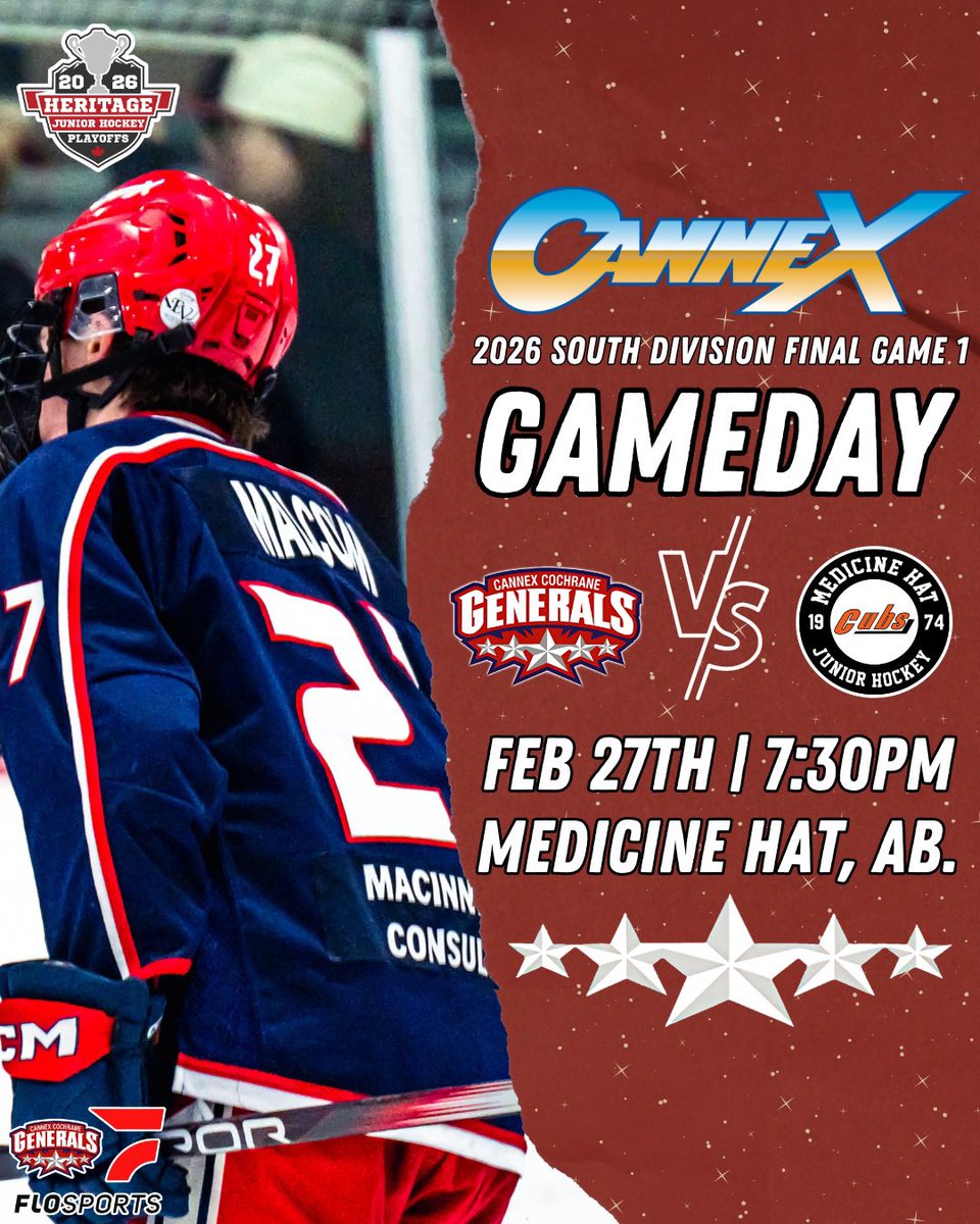 CGenerals's tweet photo. Here we go Cochrane, The South Division Final kicks off tonight down in Medicine Hat!

Puck drops at 7:30 PM at the Kinplex Arena. Watch live on @flohockey or follow along on our X Page or the HJHL App.

#EverybodyRopesEverybodyRides https://t.co/WEm1VubHWj