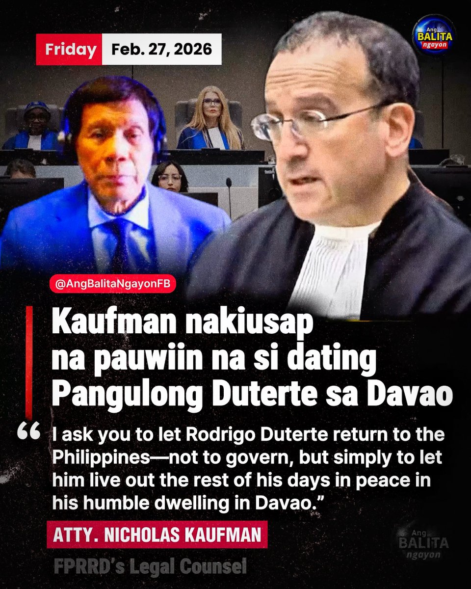 “PAUWIIN NA SI PANGULONG DUTERTE SA DAVAO”- PAKIUSAP NI ATTY. KAUFMAN  SA ICC

Diretsahang nakiusap si Atty. Nicholas Kaufman, lead defense counsel ni dating Pangulong Rodrigo Duterte, sa mga hukom ng International Criminal Court na huwag kumpirmahin ang mga sakdal laban sa