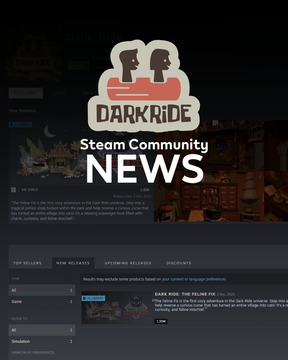 PaleozoicGames's tweet image. One park. Many rides.
Endless adventures 🎡

All Dark Ride games are now together on one Steam page

—  Hop on and follow us!

Join our Steam community: store.steampowered.com/developer/Dark…

#DarkRide #VR #CozyGame #IndieDev #Steam