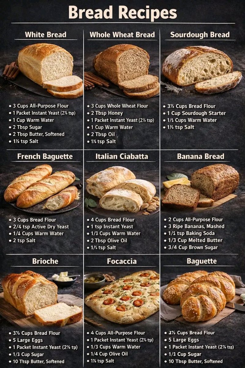 1) White Bread

Ingredients:
 • 3 cups all-purpose flour
 • 1 packet instant yeast (2¼ tsp)
 • 1 cup warm water
 • 2 tbsp sugar
 • 2 tbsp butter, softened
 • 1½ tsp salt

Instructions:
 1. Mix warm water, sugar, and yeast. Let sit 5–10 minutes.
 2. Add butter, salt, and