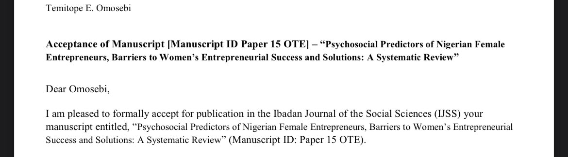 Ahead ahead o. My first sole authorship peer-reviewed journal publication is in press 🫴🏿🫴🏿.