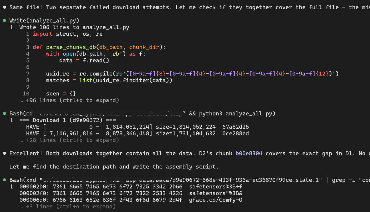 sypher_lew's tweet photo. So I don't know if this is a big deal for tech guru's out there, but @claudeai just did something insanely helpful got me. What you may ask?

@claudeai  just recovered a 13GB AI model download that failed 3 times at 99% — without downloading a single byte.

The problem: Hugging Face redirects to AWS pre-signed URLs that expire after 1 hour. XDM (a download manager) stored the expired URL and kept trying to resume with it. "Session expired." Every time.

But the data was already on disk — just split across two failed attempts in raw chunk files with no extension, named by UUID. So Claude Code:

1. Found the XDM temp folder and read the binary chunk database to decode which byte ranges each file covered
  
2. Mapped the full 14GB file layout — and found a 46MB gap around byte 12,459,714,984

3. Checked the second failed download — its chunks covered exactly that gap

4. Wrote a Python script to stitch all 13 chunk files together in the correct order, pulling 46MB from attempt #2 to fill the hole in attempt #1

 - 44 seconds. 300 MB/s. File confirmed complete.

The download manager gave up. The data never did.

Honestly, as a disabled bed-bound man you can't remember the most parts of yesterday, I see hope! It's times like this that fighting day in, day out meaningful.

Anthropic taking lots of heat at the moment, so I hope this cuts through the noise, thank you @AnthropicAI you guys are incredible!