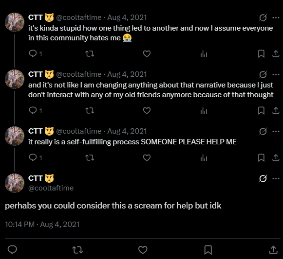 cooltaftime's tweet photo. I am legit getting emotional thinking about the mental turmoil I went through from late 2020 until early 2023, I was really crushed by life in a way I can't even fathom now and I had no one to tell it to other than myself, I dont wish this upon anyone https://t.co/l3CYmUR0bF