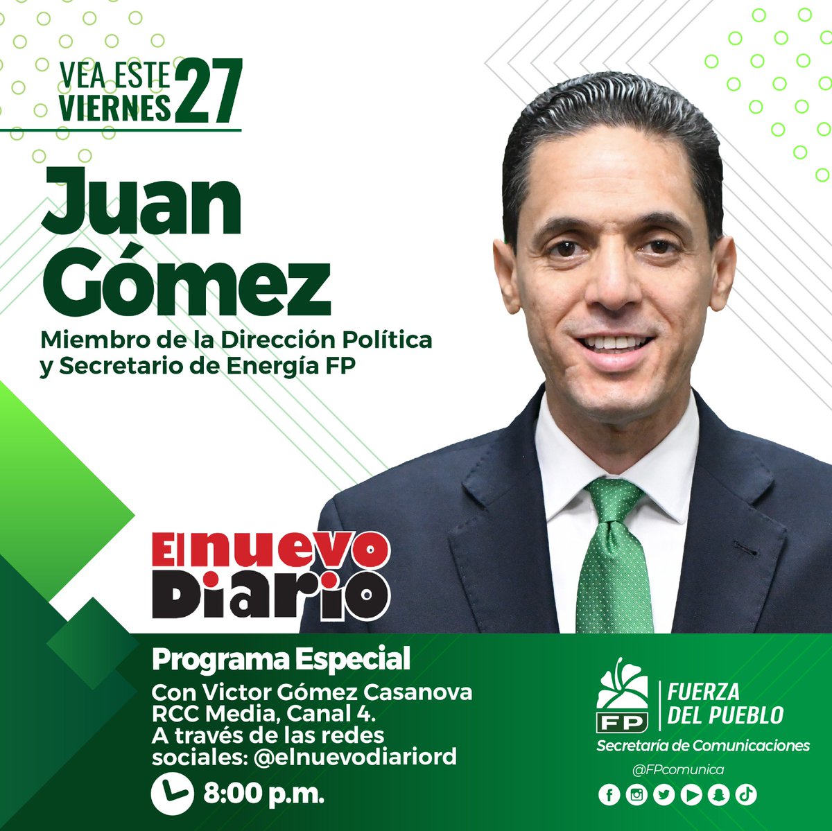 Entrevista🎥📷: Ing. Juan B. Gómez, Miembro de la Dirección Política, Secretario de Energía <a href="/EnergiaFP/">Secretaría de Energía FP</a> vocero del partido Fuerza del Pueblo <a href="/FPcomunica/">@Fuerza del Pueblo (FP)</a>

Fecha🗓️: Domingo 27 de febrero 2026
Hora⏰: 8:00 pm
Programa 📷: Nuevo Diario Programa Especial 
Emisora 🎥:  <a href="/elnuevodiariord/">El Nuevo Diario</a>