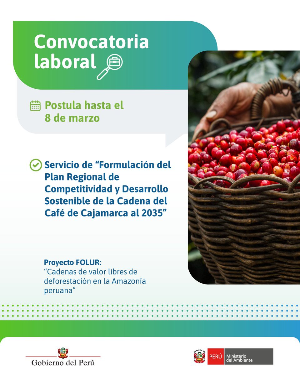 MinamPeru's tweet photo. 💼 ¡Forma parte del Proyecto #FOLUR! 🌱 Buscamos un/a consultor/a especializado/a que se encargue de la formulación del “Plan Regional de Competitividad y Desarrollo Sostenible de la Cadena del Café de Cajamarca al 2035”, que incluirá el diagnóstico territorial, la situación actual de los productores, la formulación de una visión de desarrollo, el análisis de escenarios futuros y la definición de alternativas estratégicas para el desarrollo territorial del café en Cajamarca.
📲 Más detalles 👉 https://t.co/5RGH9l4nRA
#CafeyCacaoSostenible