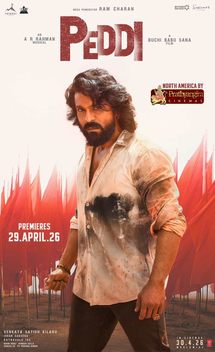 #Peddi North America release by <a href="/PrathyangiraUS/">Prathyangira Cinemas</a> 

MASSIVE PREMIERES from 29th APRIL 2026

#PEDDI WORLDWIDE RELEASE ON 30th APRIL, 2026

One of the biggest deals for an Indian film 💥💥
