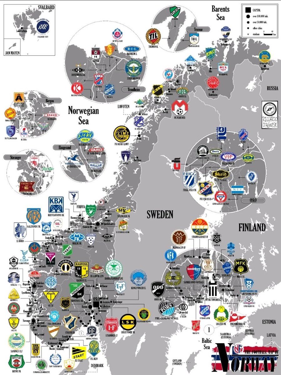 NoruegArg's tweet photo. Ahora que todo el mundo habla del Bodø/Glimt es buen momento para rescatar este mapa con la mayoría de los equipos del país escandinavo. 🇳🇴❤️

Una obra de arte de @_forgottenfooty. 🫶 https://t.co/Z7NT5YNHk3