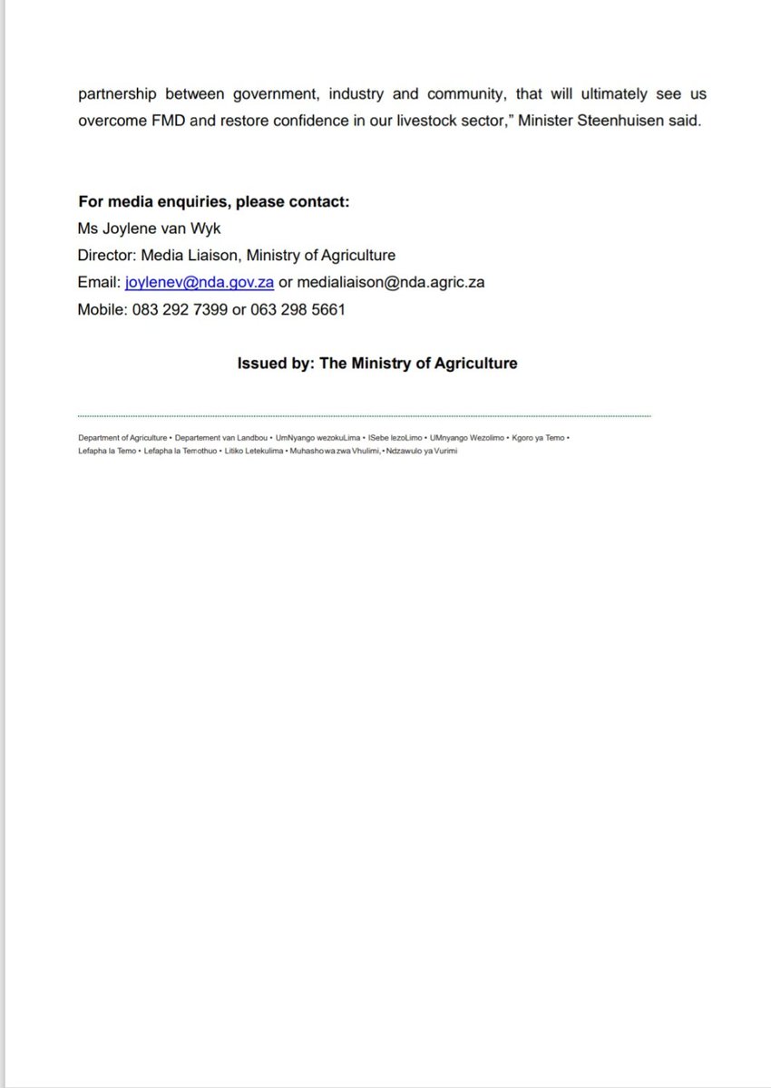 [Media Statement📄]
Minister John Steenhuisen visited Colbourne Dairy Farm, near Mooi River in KwaZulu-Natal as part of the launch of <a href="/DOAgov_ZA/">National Department of Agriculture</a>’s national mass vaccination strategy to decisively deal with Foot and mouth disease (FMD) outbreaks in the country.