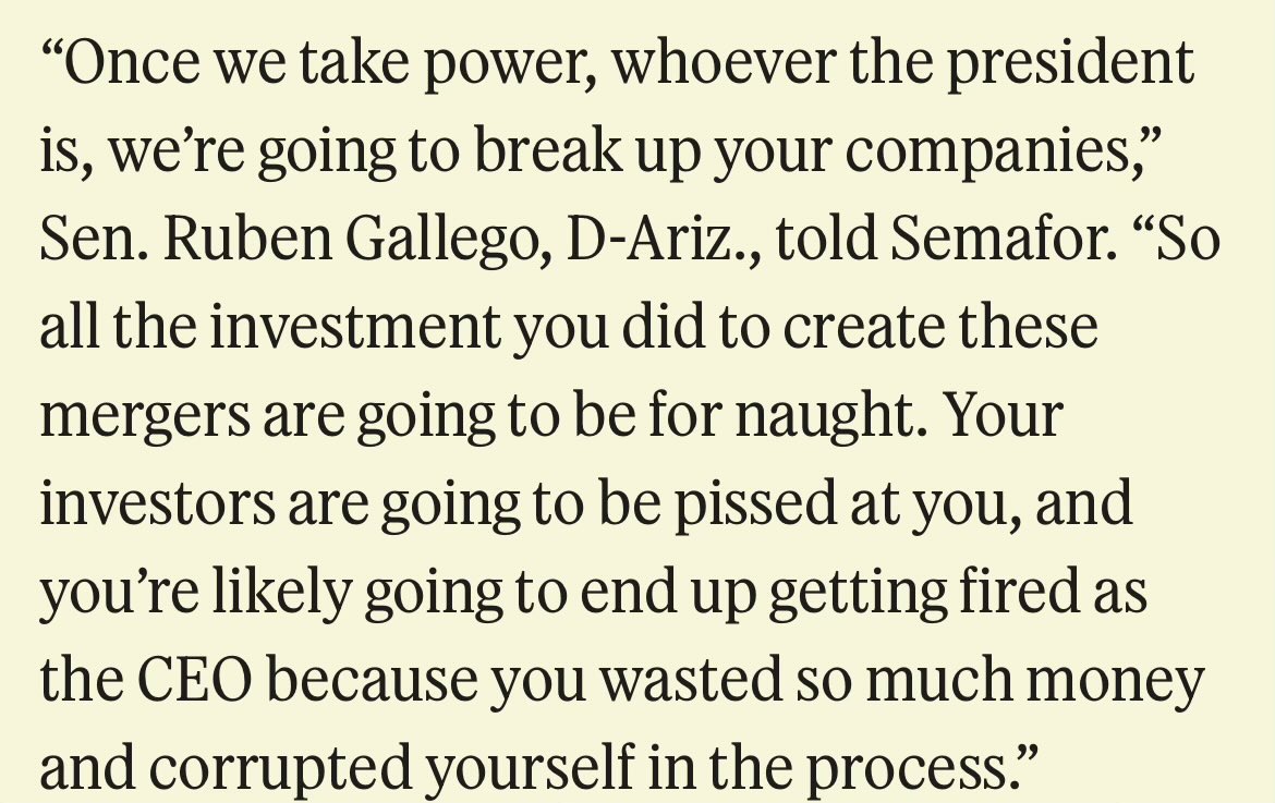 Sen. Gallego was blunter to <a href="/daveweigel/">David Weigel</a> :

“Once we take power, whoever the president is, we’re going to break up your companies”