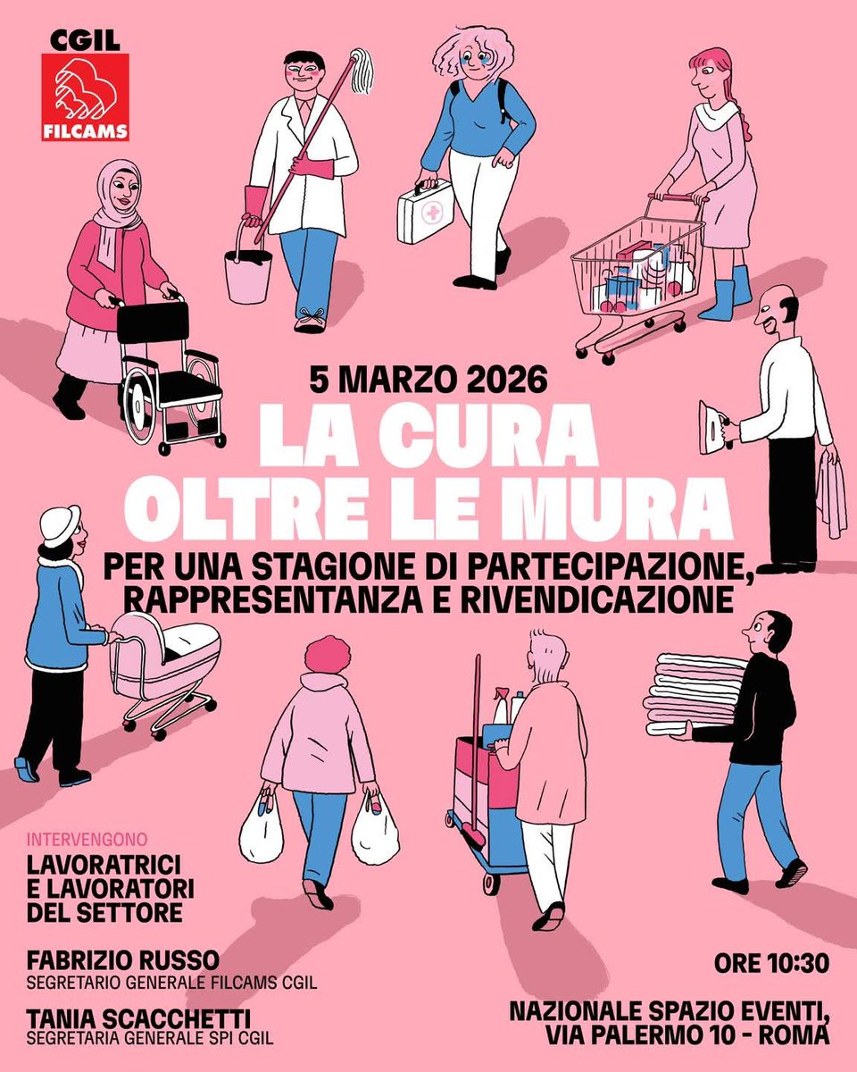 ROMA 5 MARZO 2026 LA CURA OLTRE LE MURA
Sarà un momento di restituzione orientato alla costruzione di proposte collettive e nuove rivendicazioni, con il coinvolgimento diretto di che presta attività in questo settore: colf, badanti e baby sitter
