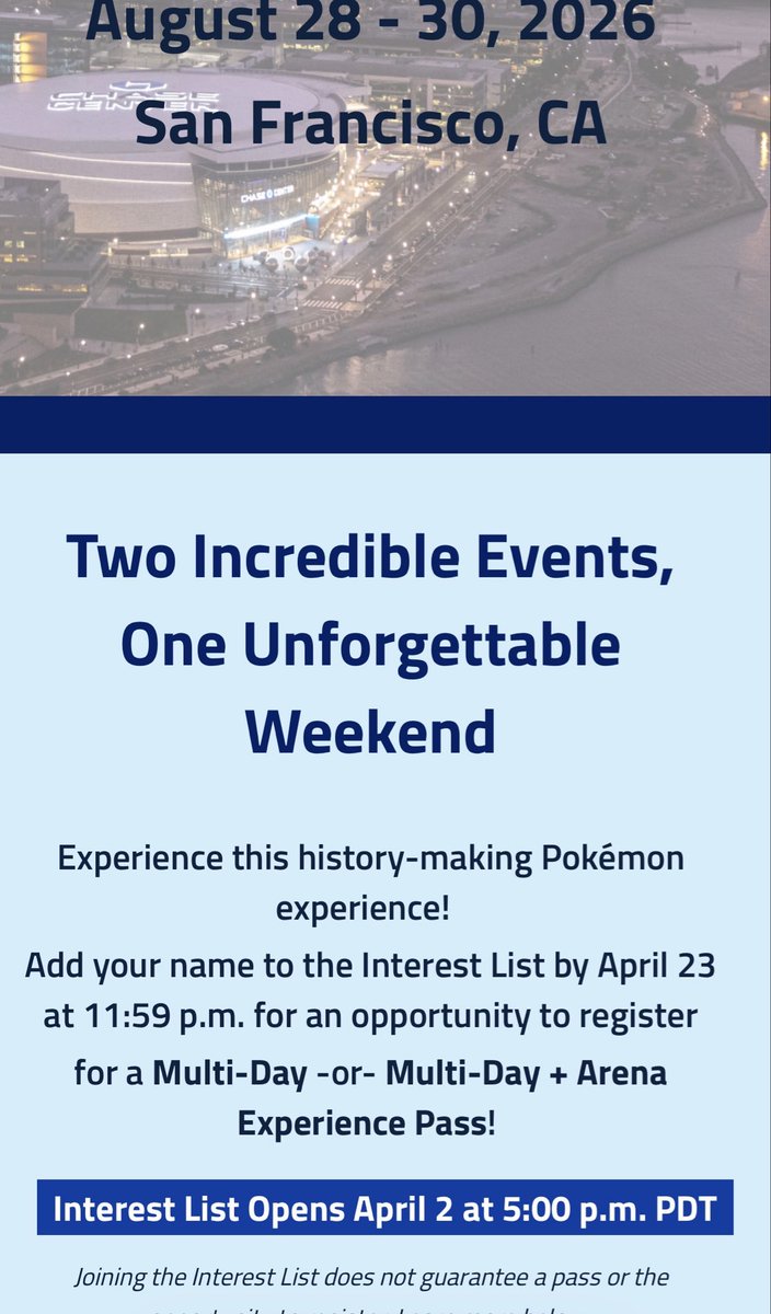 Kinetic_Sky's tweet photo. @SerebiiNet Pokemon Worlds and XP updated their website for World registrations. Interest list opens on April 2nd https://t.co/4K6lwHtPlu
