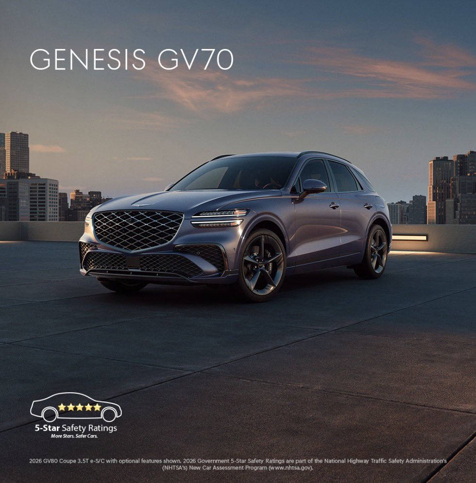 GenesisofWC's tweet photo. The 2026 #GV70 received a 2026 NHTSA 5-Star Overall Safety Rating. View our inventory at https://t.co/yDKmbw2fER https://t.co/kHHfeCckps