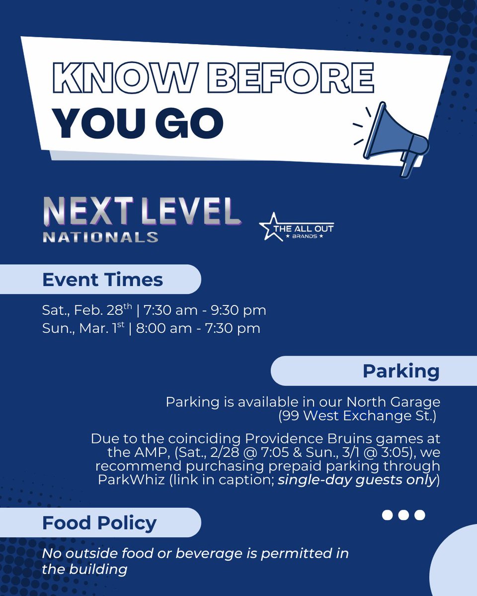 RIConvention's tweet photo. ‼️ IMPORTANT INFO FOR 2026 NEXT LEVEL GRAND NATIONALS ATTENDEES‼️Reserve your spot on Parkwhiz ➡️ https://t.co/jBmcVqzEqb

FOR OVERNIGHT/MULTI-NIGHT GUESTS: Please pull a ticket when you enter and pay at kiosk when you leave. https://t.co/0eJ13Hln66