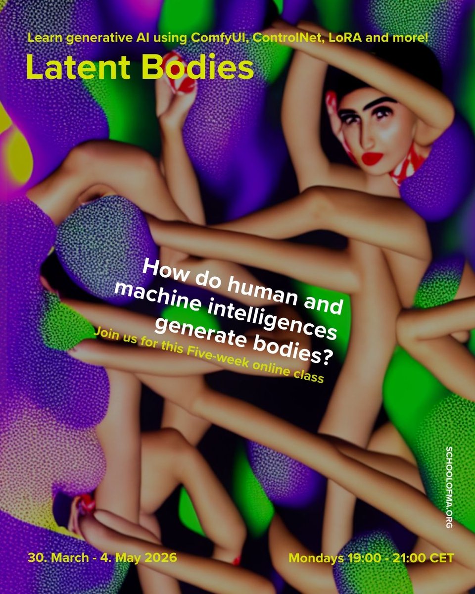 SchoolOfMaaa's tweet photo. New online course invites us to think about how bodies perform with and within the latent spaces of technological media.
***Latent Bodies***
30. Mar. - 4. May
Five-weeks, Mondays, 7-9PM CET
For more info and to sign-up
https://t.co/UUmPGucgGl
#comfyui #controlnet #LoRA https://t.co/8b2z0EuGzo