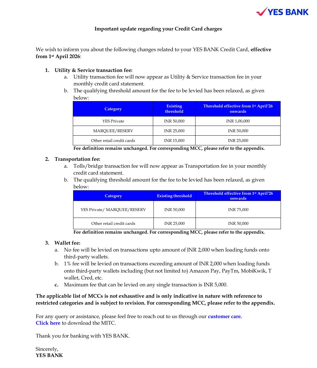 ProfessorCardz's tweet image. 🔥Yes Bank Cards Revaluation.

🟩Utility and Service free limit increased. 

🟩Transportation Fees also increased. 

🟩Wallet load upto Rs 2000 without extra fees. 

#yesBank #revaluation #ccgeeks