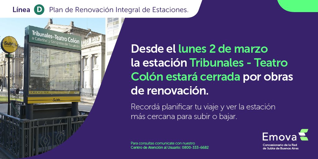 Emova_arg's tweet image. 🚨 ¡Atención usuarios!

👉 Desde el lunes 2 de marzo, la estación Tribunales - Teatro Colón de la #LíneaD estará cerrada por obras de renovación.