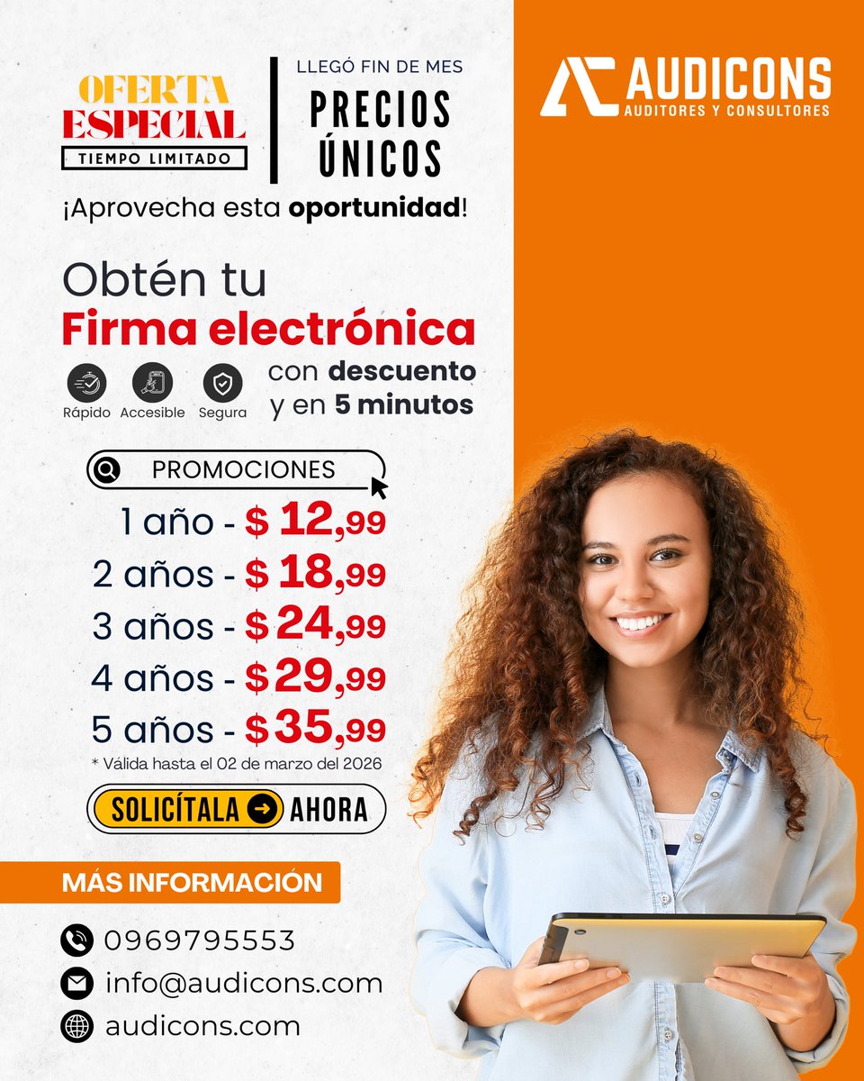 💰¡Cierra el mes ahorrando!

Obtén tu firma electrónica con PRECIOS ÚNICOS y firma tus documentos de forma rápida, segura y 100% legal con nuestra promoción exclusiva.

⏳ Solo por tiempo limitado.
📲 Escríbenos hoy y asegura tu descuento.

🔹🔸¡Firma FÁCIL, Firma con AUDICONS!