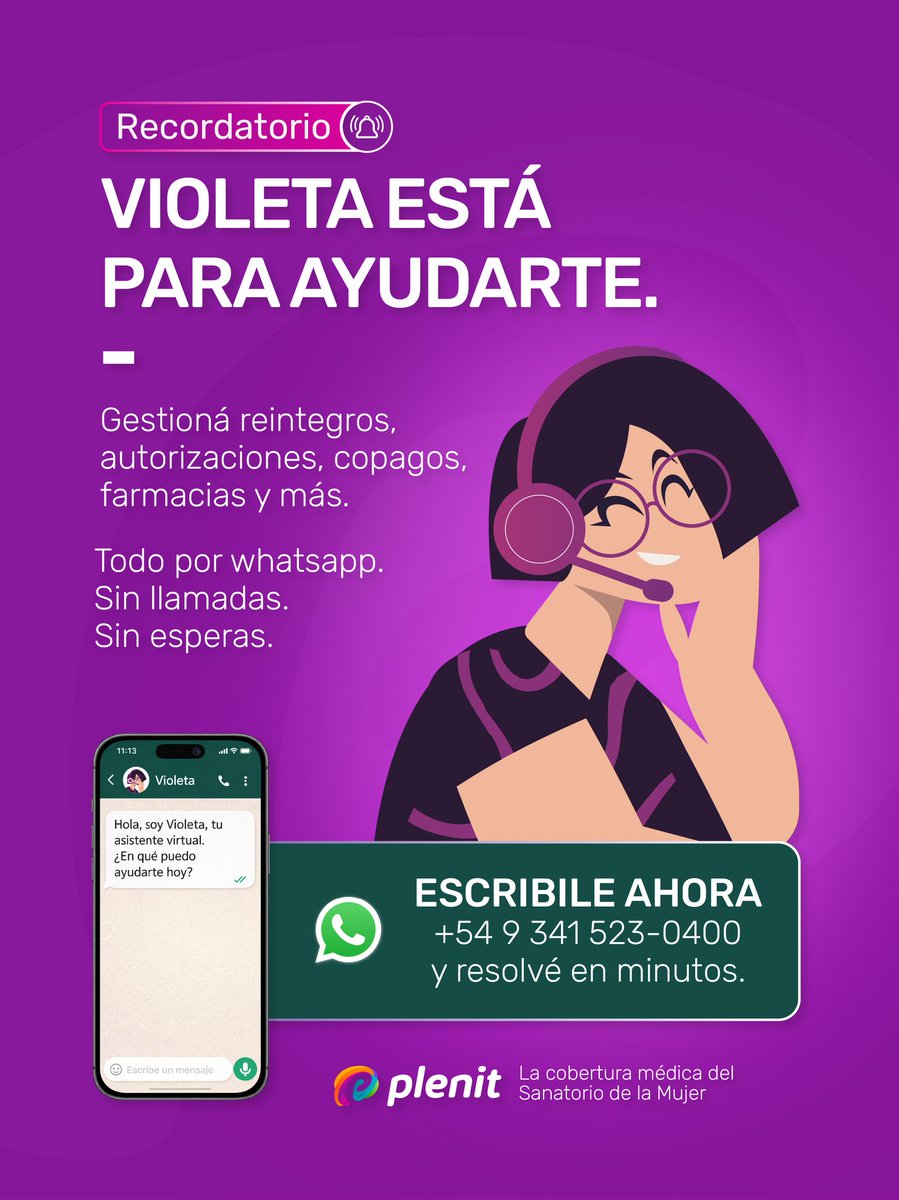 💬 Violeta está para ayudarte.

¿Necesitás gestionar reintegros, autorizaciones, copagos o consultar tu cartilla?
Podés hacerlo en minutos desde WhatsApp, sin llamadas y sin esperas.

Escribí ahora al +54 9 341 523 0400 y resolvé todo desde tu celular 📱✨