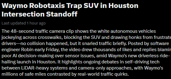 vibe_devvor's tweet photo. This shit is going hella viral 

A viral video from Friday morning shows a brief traffic standoff in Houston involving multiple Waymo robotaxis and a human-driven SUV.

https://t.co/uw3jkavT4X https://t.co/bRIacUKRco